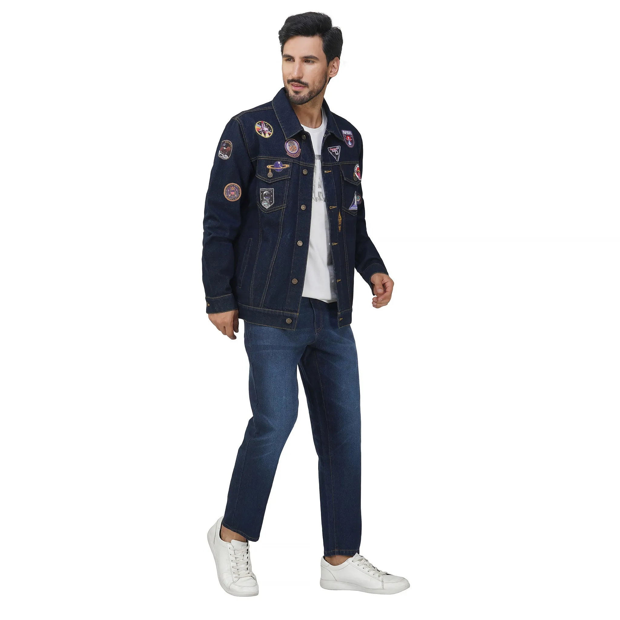 SLAY. Men's Patchwork Embroidered Navy Blue Vintage Button-Down Denim Biker Jacket & Jeans Co ord Set