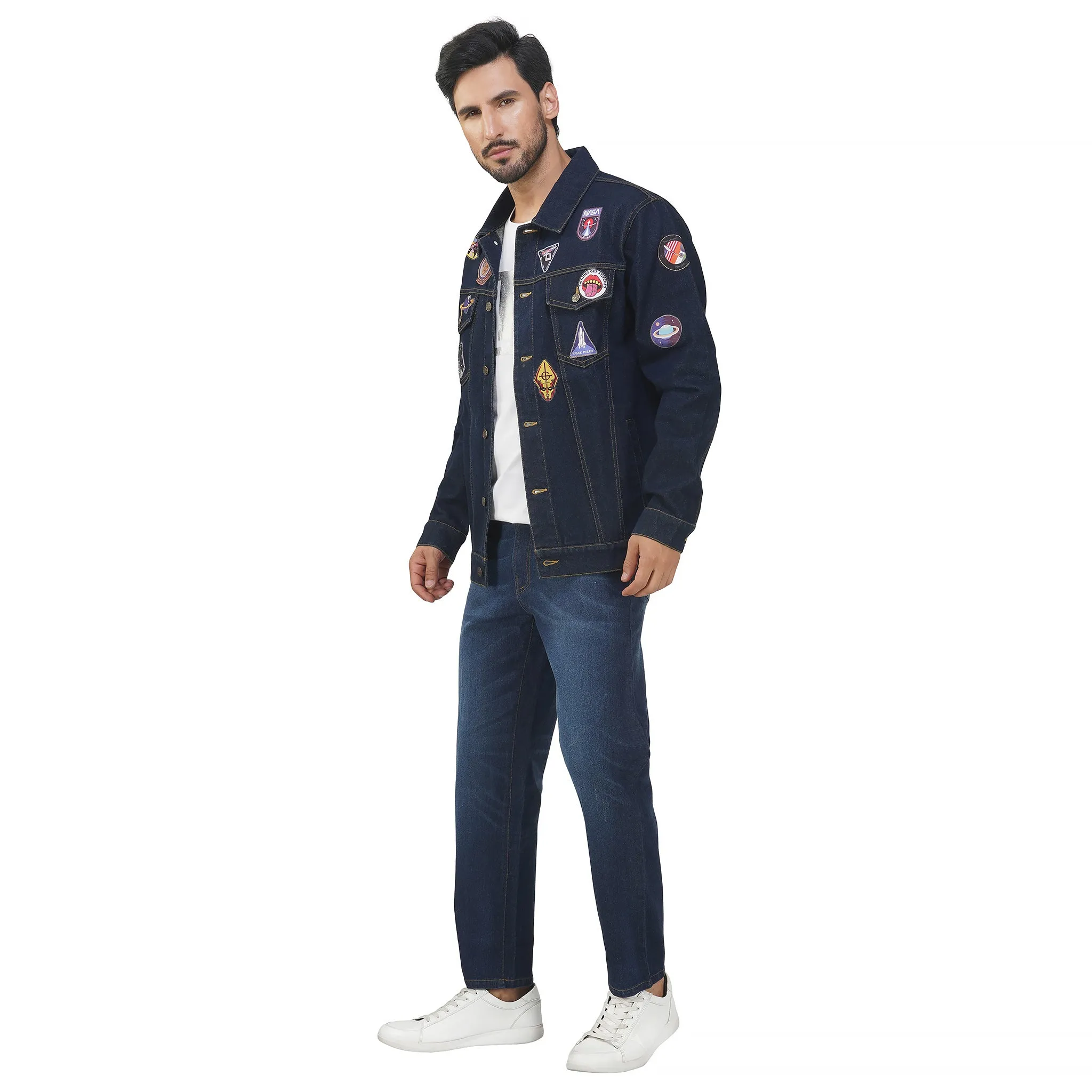 SLAY. Men's Patchwork Embroidered Navy Blue Vintage Button-Down Denim Biker Jacket & Jeans Co ord Set