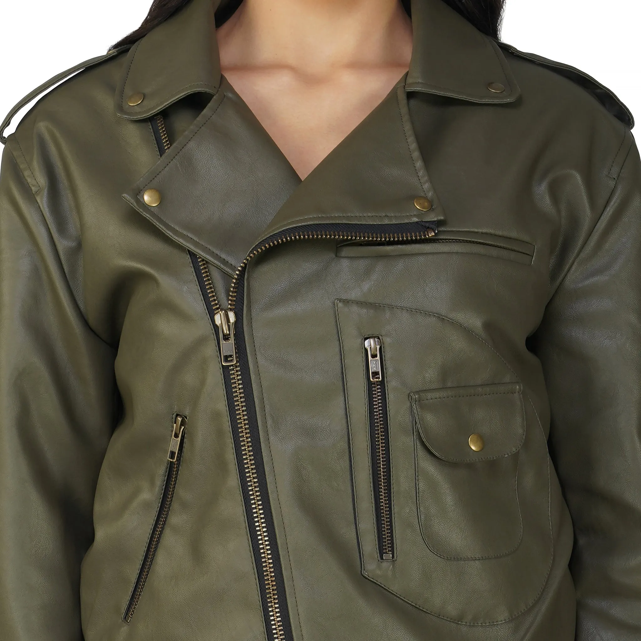 SLAY. Women's Olive Faux Leather Jacket