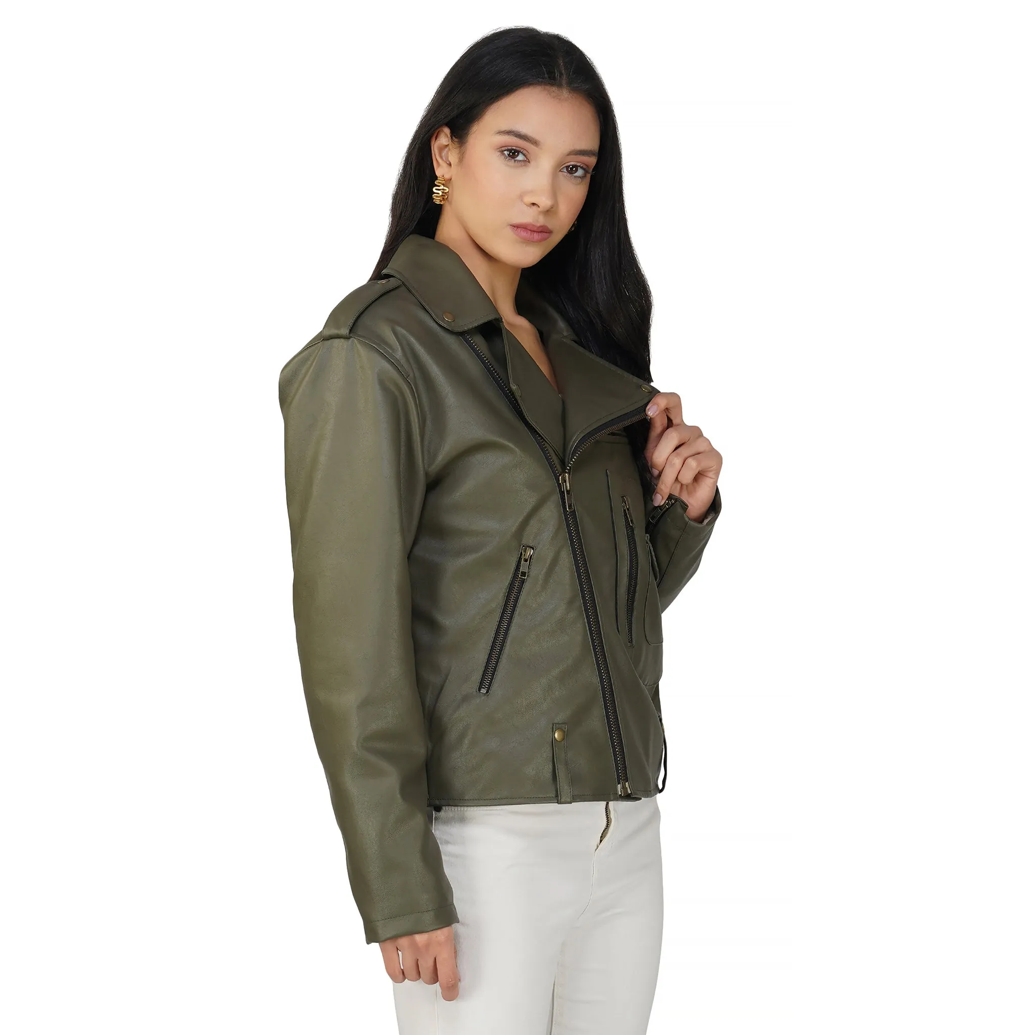 SLAY. Women's Olive Faux Leather Jacket