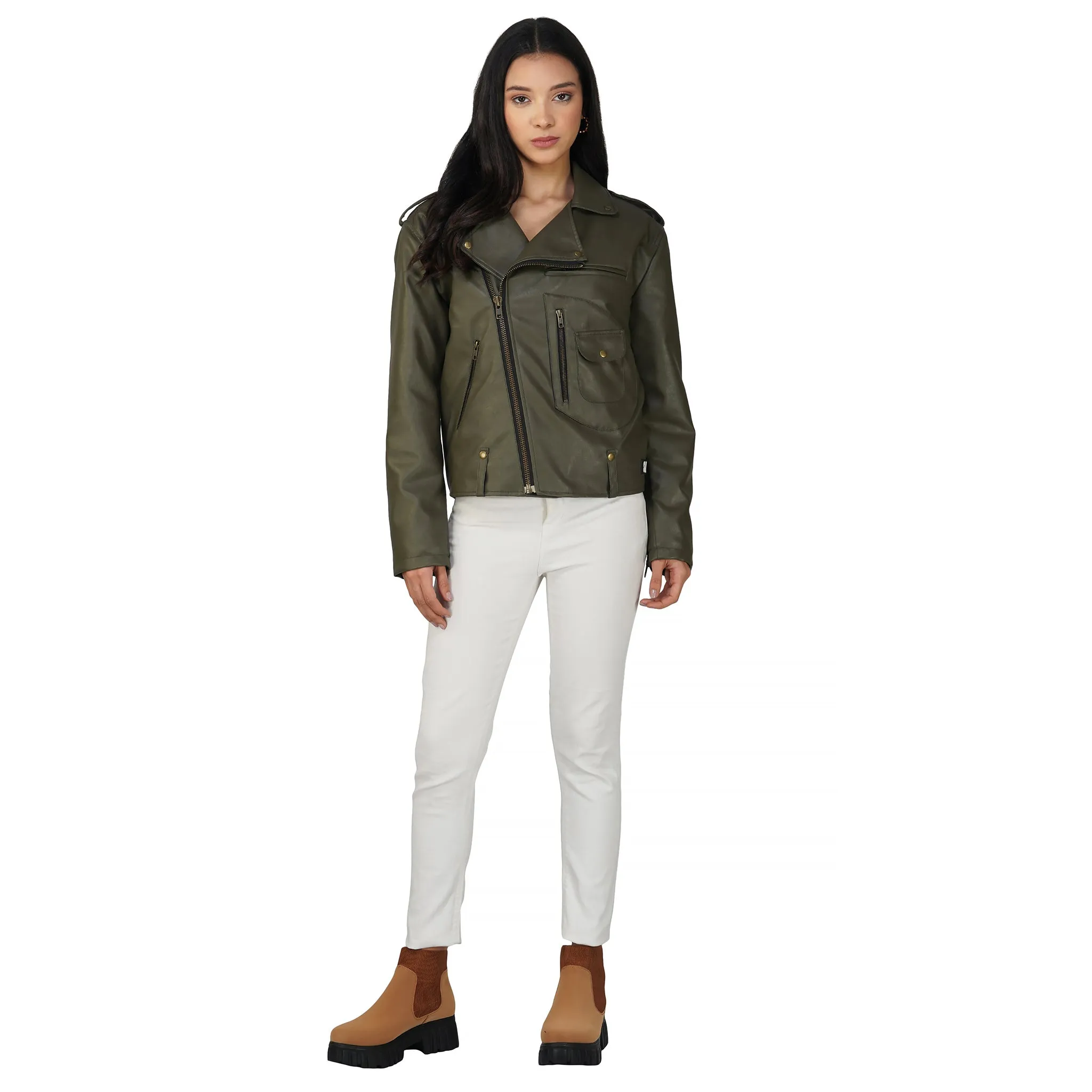 SLAY. Women's Olive Faux Leather Jacket