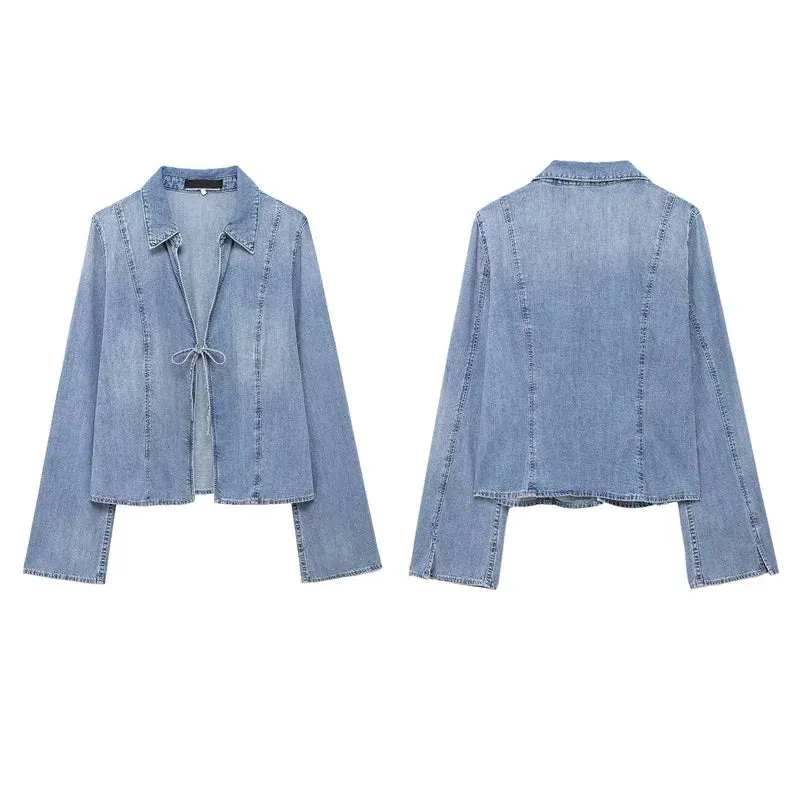 TAVIMART  -  Women's Denim Jacket Without Buckle Tie Up Slim Fit Female Jacket New Baseball Jersey Casual Summer Autumn Simple Jacket