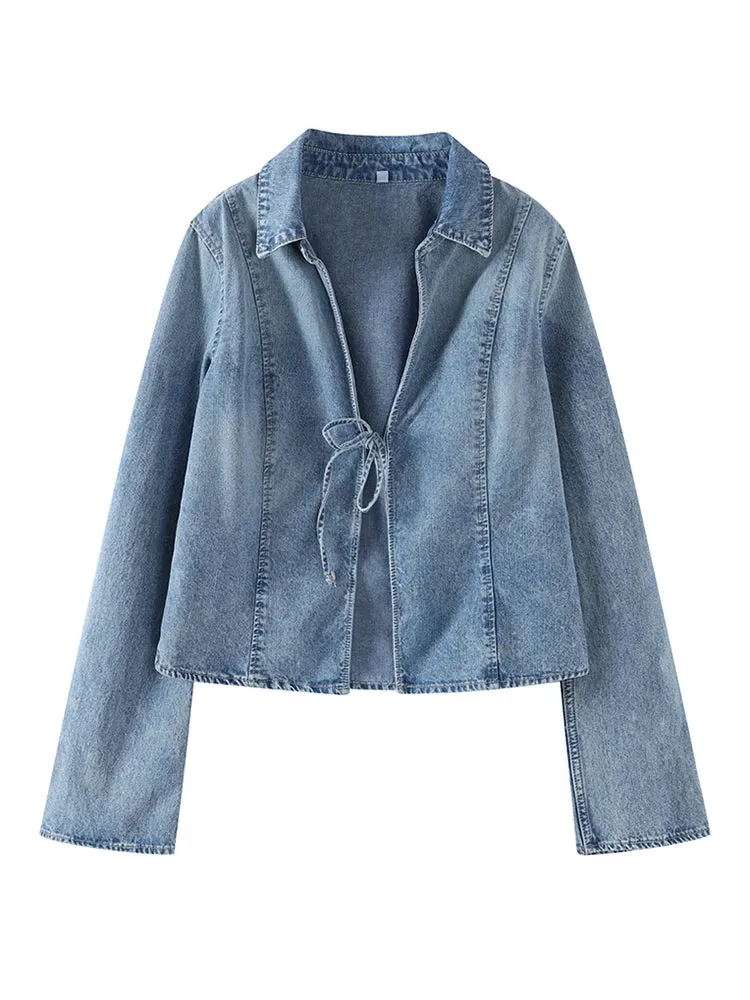 TAVIMART  -  Women's Denim Jacket Without Buckle Tie Up Slim Fit Female Jacket New Baseball Jersey Casual Summer Autumn Simple Jacket