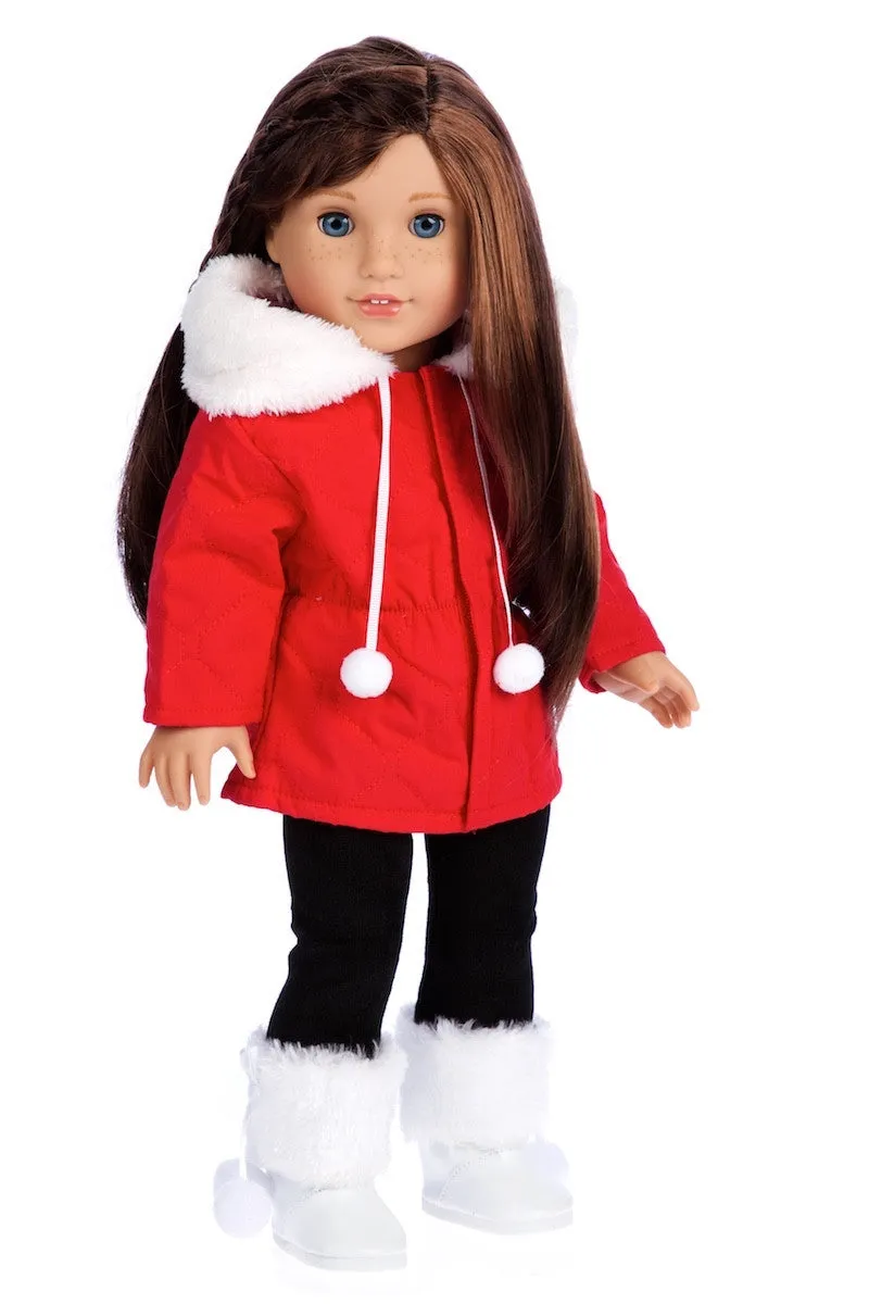 Winter Extravaganza - Clothes for 18 inch Doll - 3 Piece Outfit - Red Quilted Parka with Black Leggings and White Boots