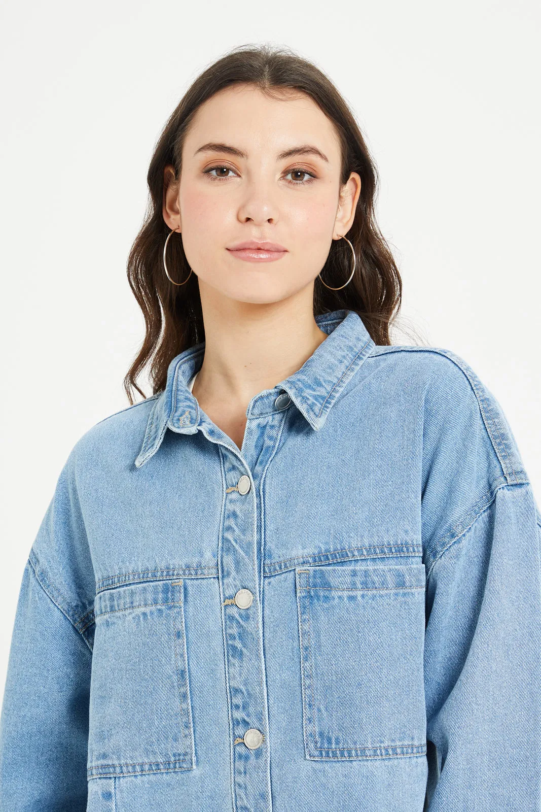 Women Blue Denim Pocket Shaket