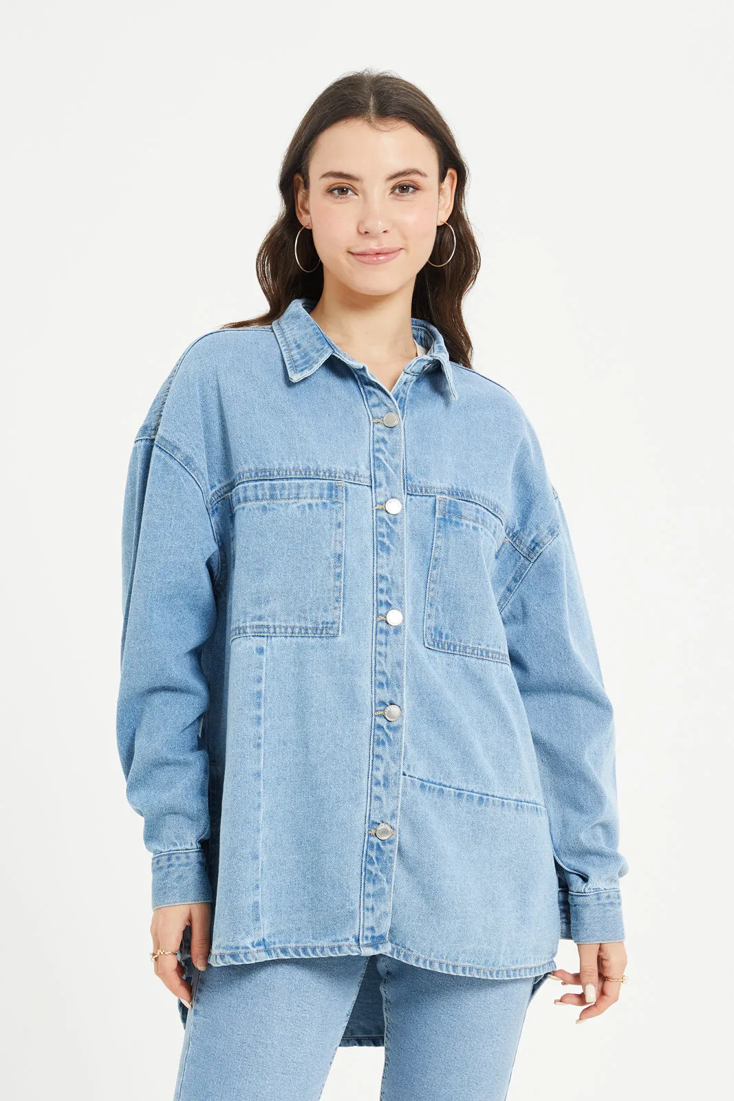 Women Blue Denim Pocket Shaket